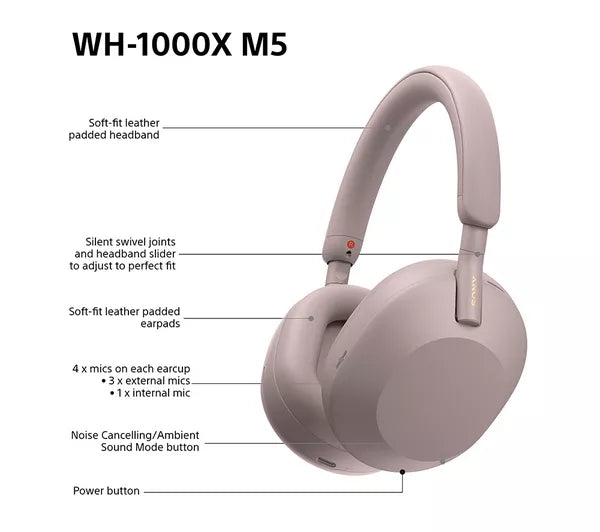 SONY WH-1000XM5 Wireless Bluetooth Noise-Cancelling Headphones - Smoky Pink